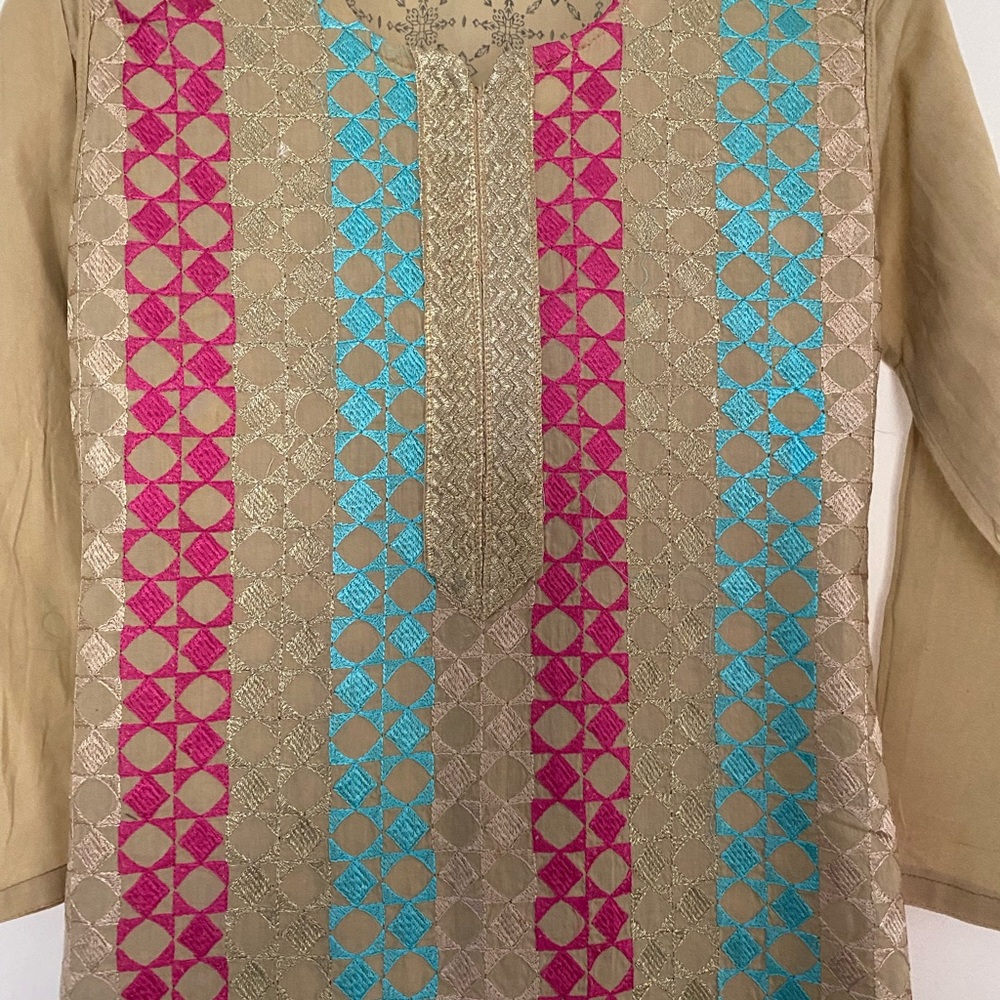 Tan Pakistani Kurta and Trouser with Pink and Blue Embroidery